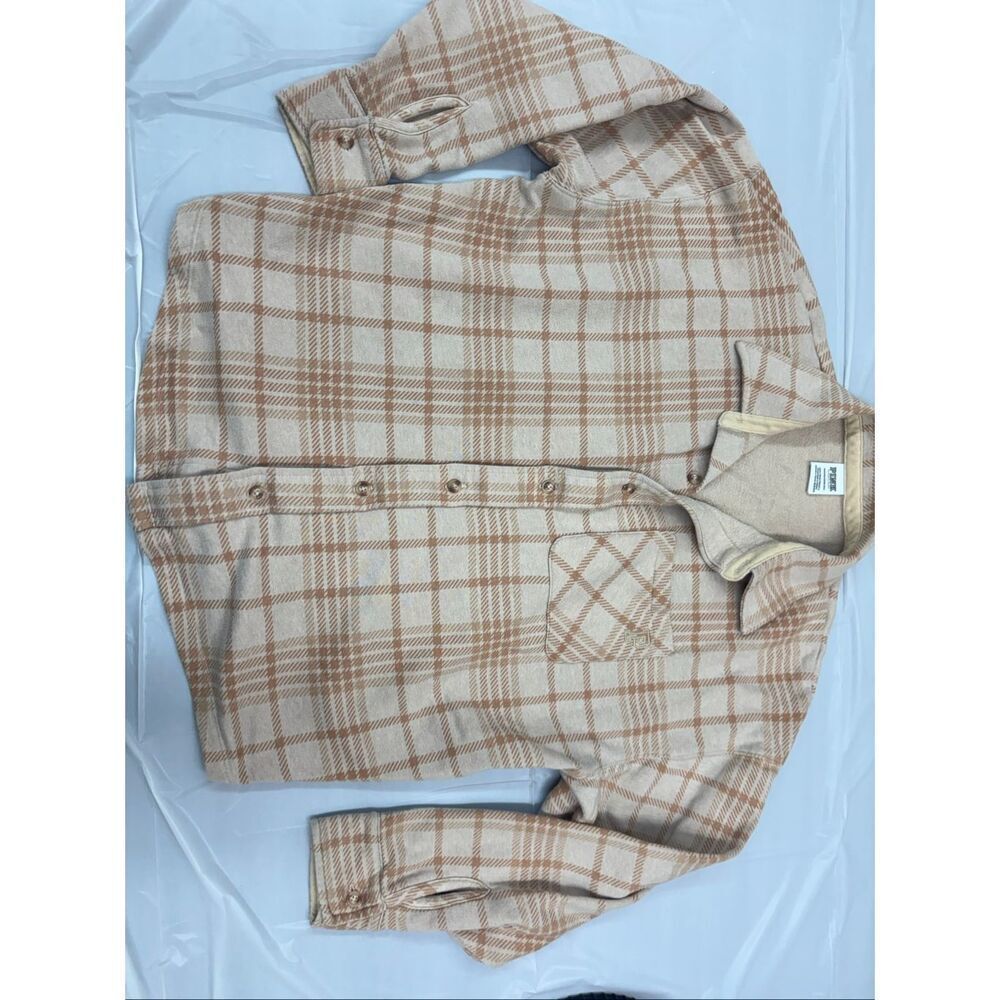 PINK Victoria’s Secret Tan Plaid Button Up Flannel Shirt Jacket Size X-Small
